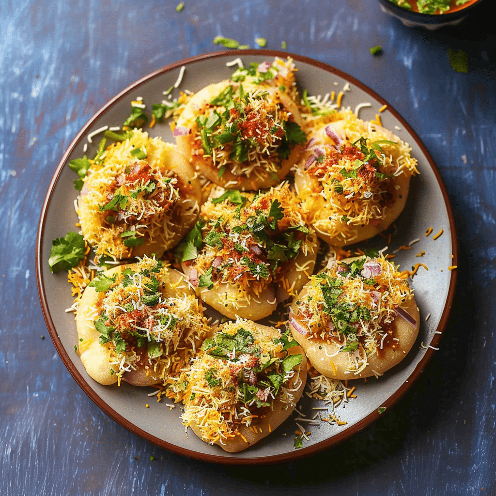 Sev puri topped with chutneys and sev